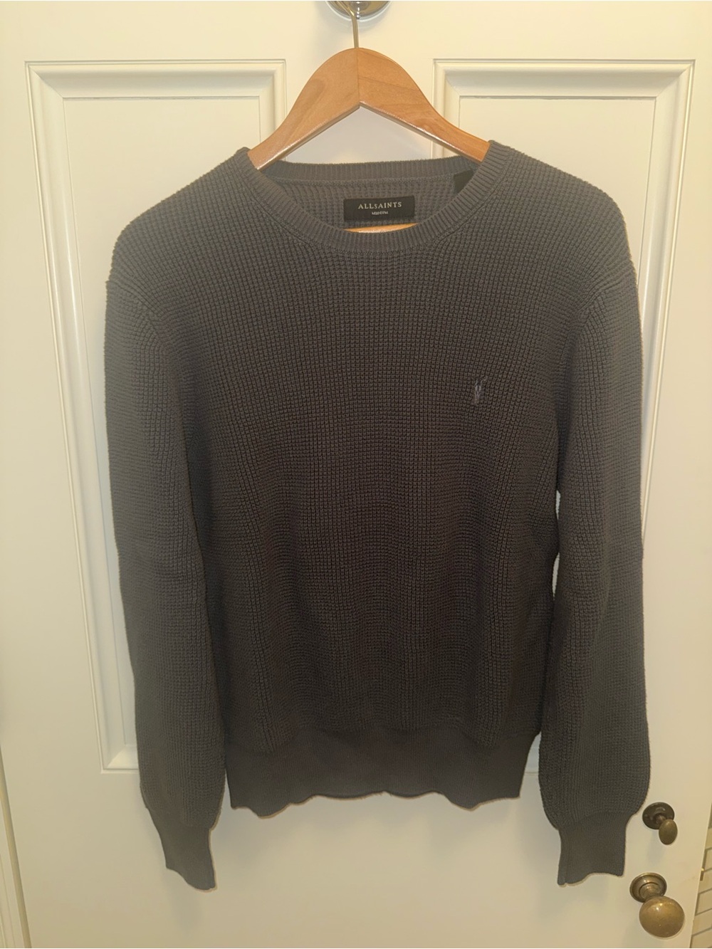 All Saints Men's Charcoal Waffle Crewneck Sweater